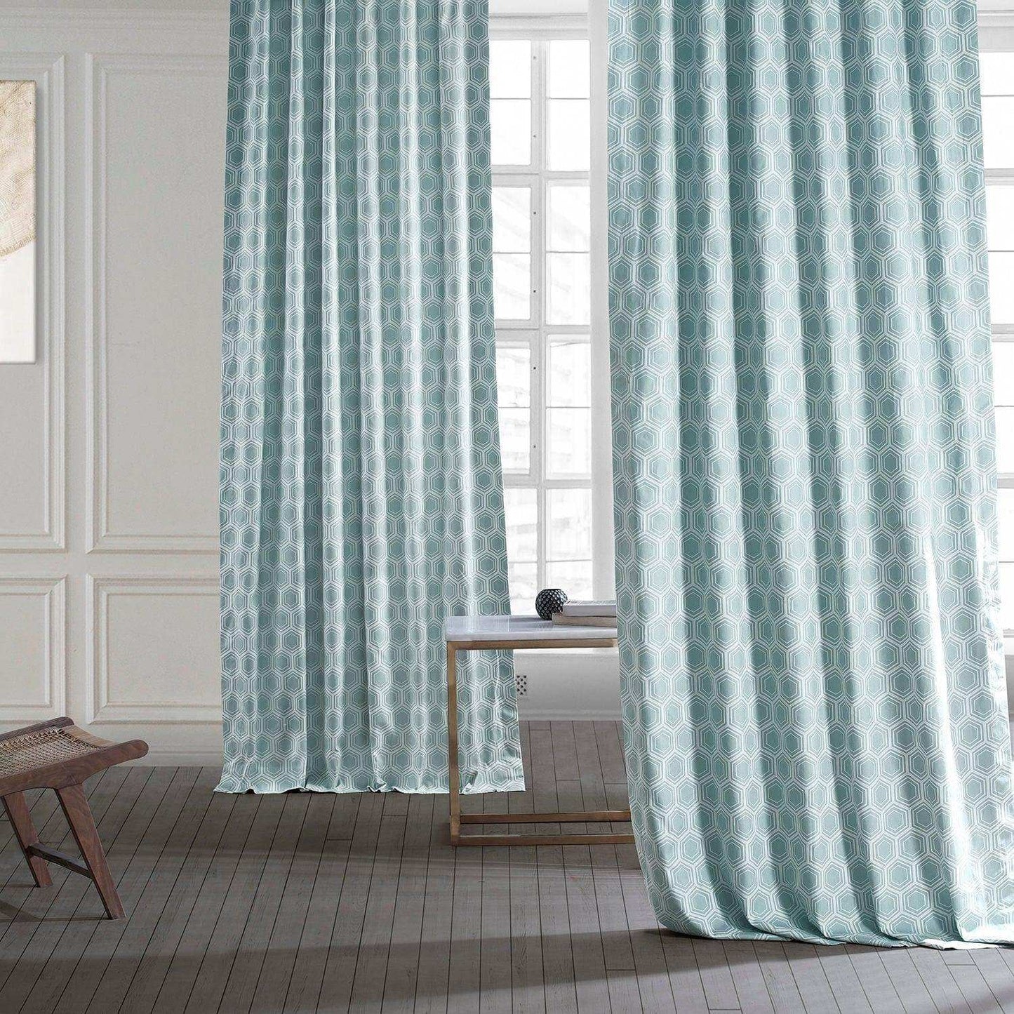 Honeycomb Ripple Aqua Printed Cotton Curtain - HalfPriceDrapes.com