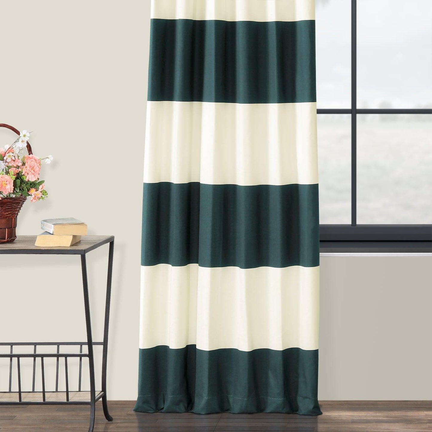 Dusk Blue & Off White Horizontal Striped Printed Cotton Curtain - HalfPriceDrapes.com