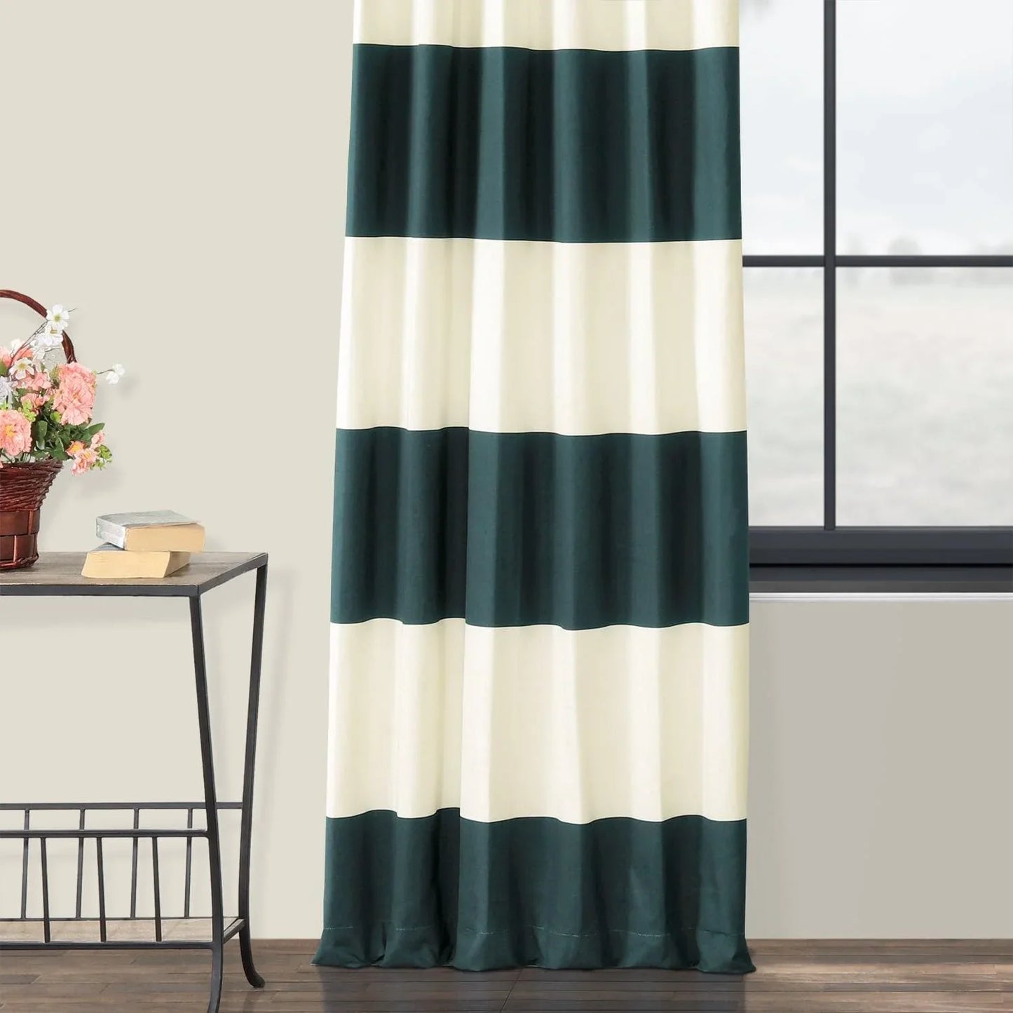 Dusk Blue & Off White Horizontal Striped Printed Cotton Curtain - HalfPriceDrapes.com
