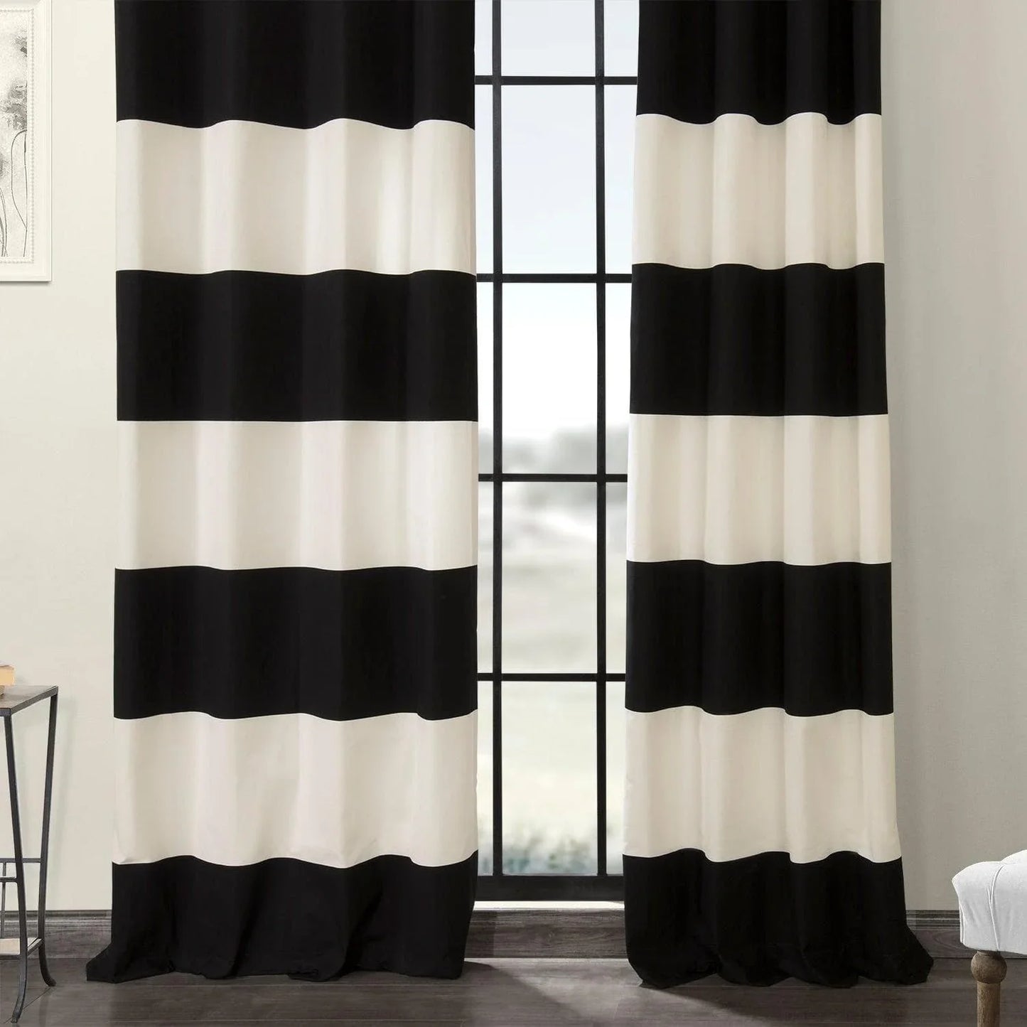 Onyx Black & Off White Horizontal Striped Grommet Printed Cotton Curtain