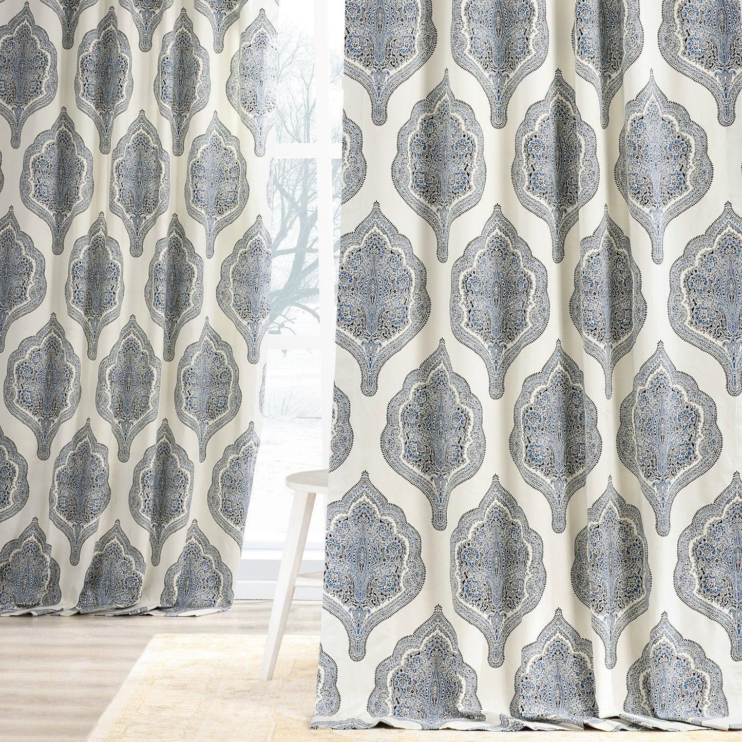 Arabesque Blue Printed Cotton Curtain - HalfPriceDrapes.com