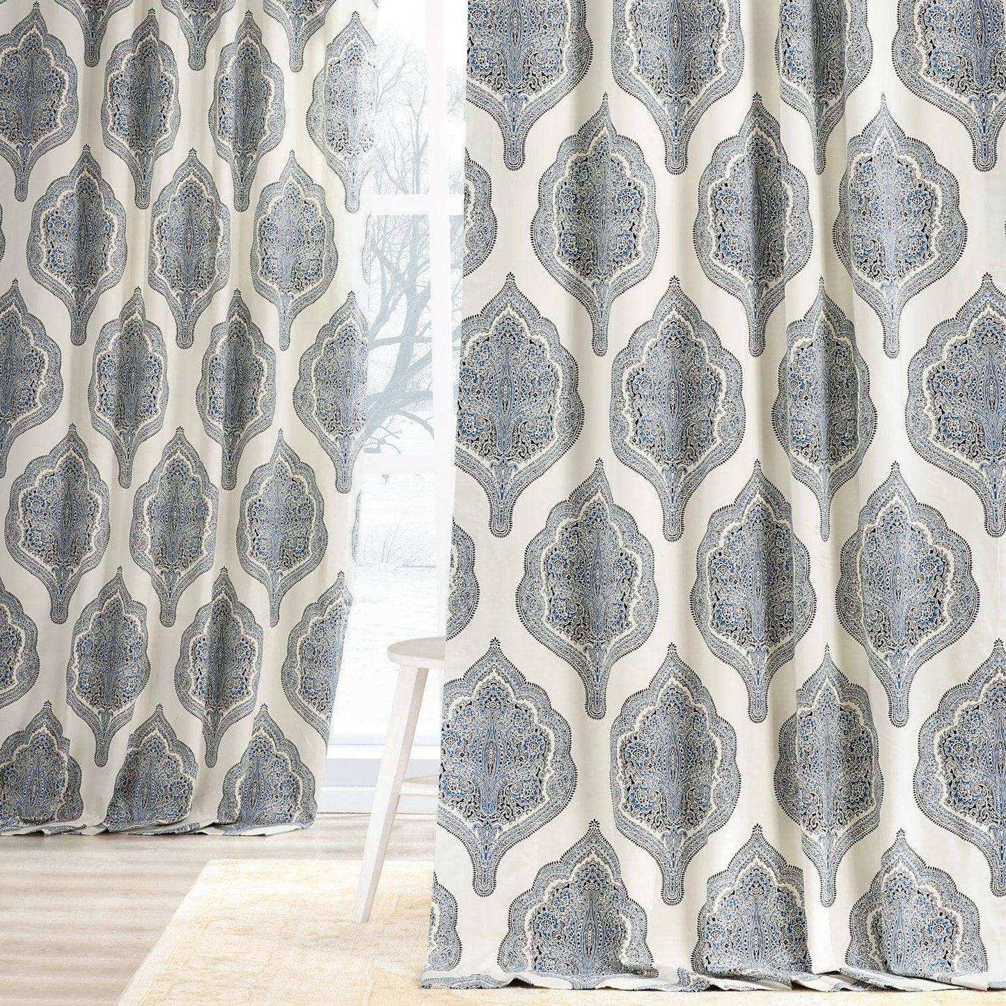 Arabesque Blue Printed Cotton Curtain - HalfPriceDrapes.com