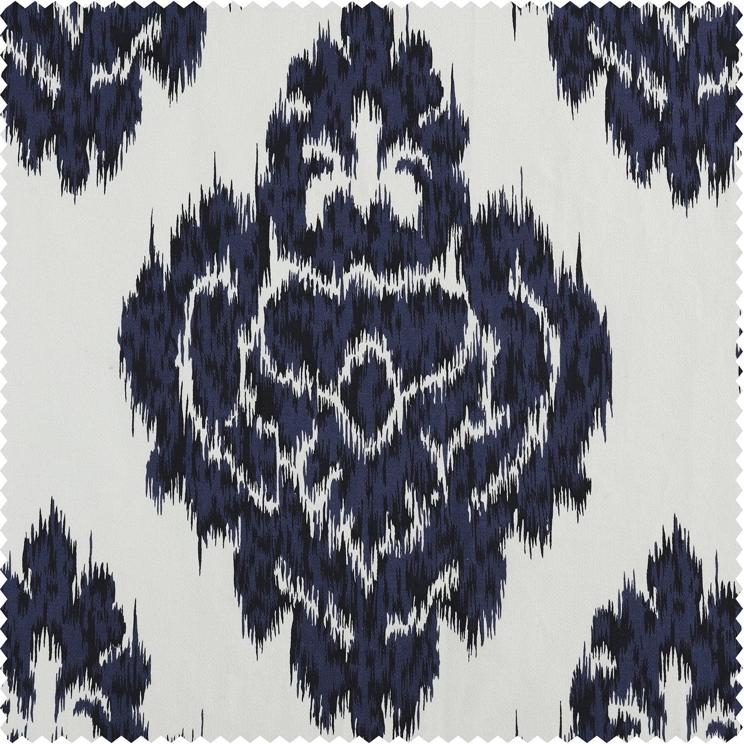 Ikat Blue Damask French Pleat Printed Cotton Room Darkening Curtain