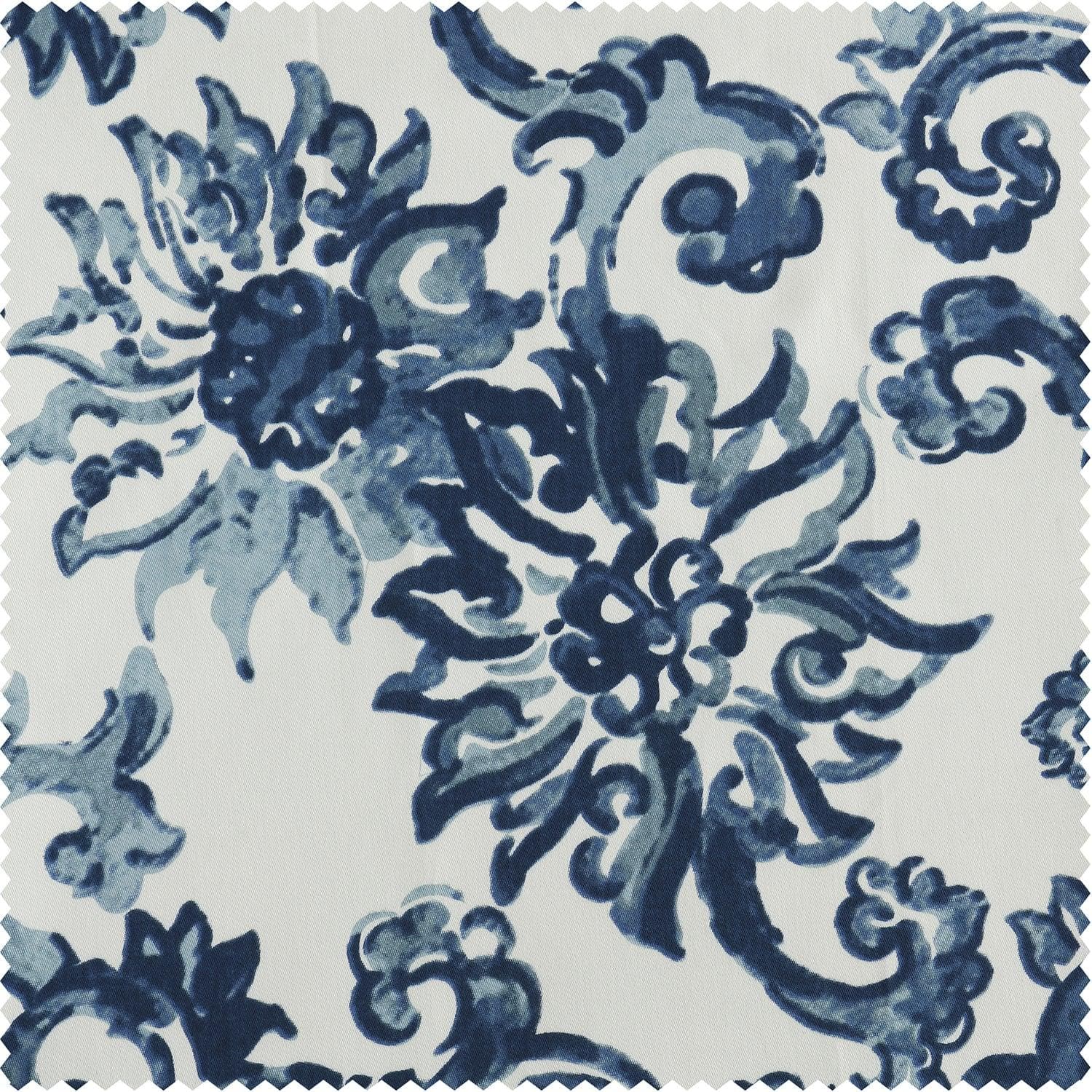 Indonesian Blue Floral Printed Cotton Custom Curtain