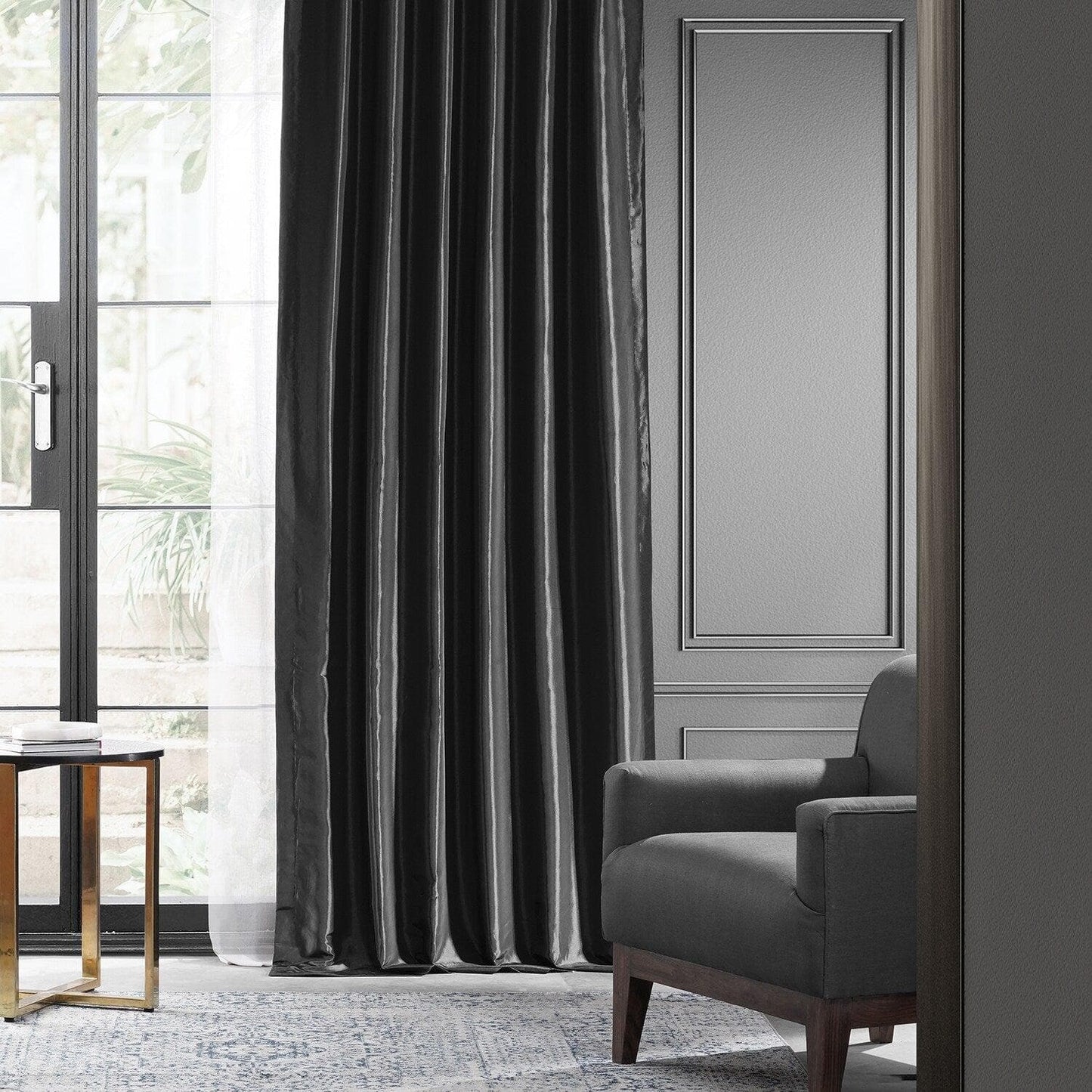 Jet Black Faux Silk Taffeta Blackout Curtain