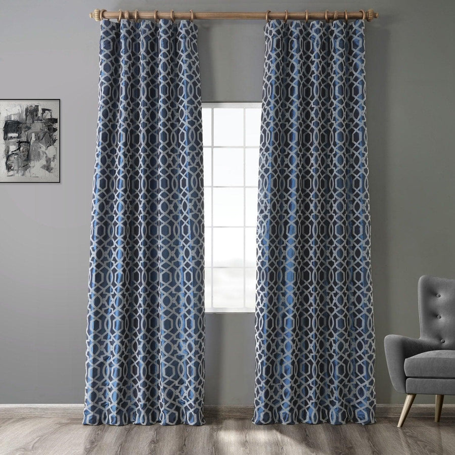 Filigree Blue & Grey Designer Flocked Curtain