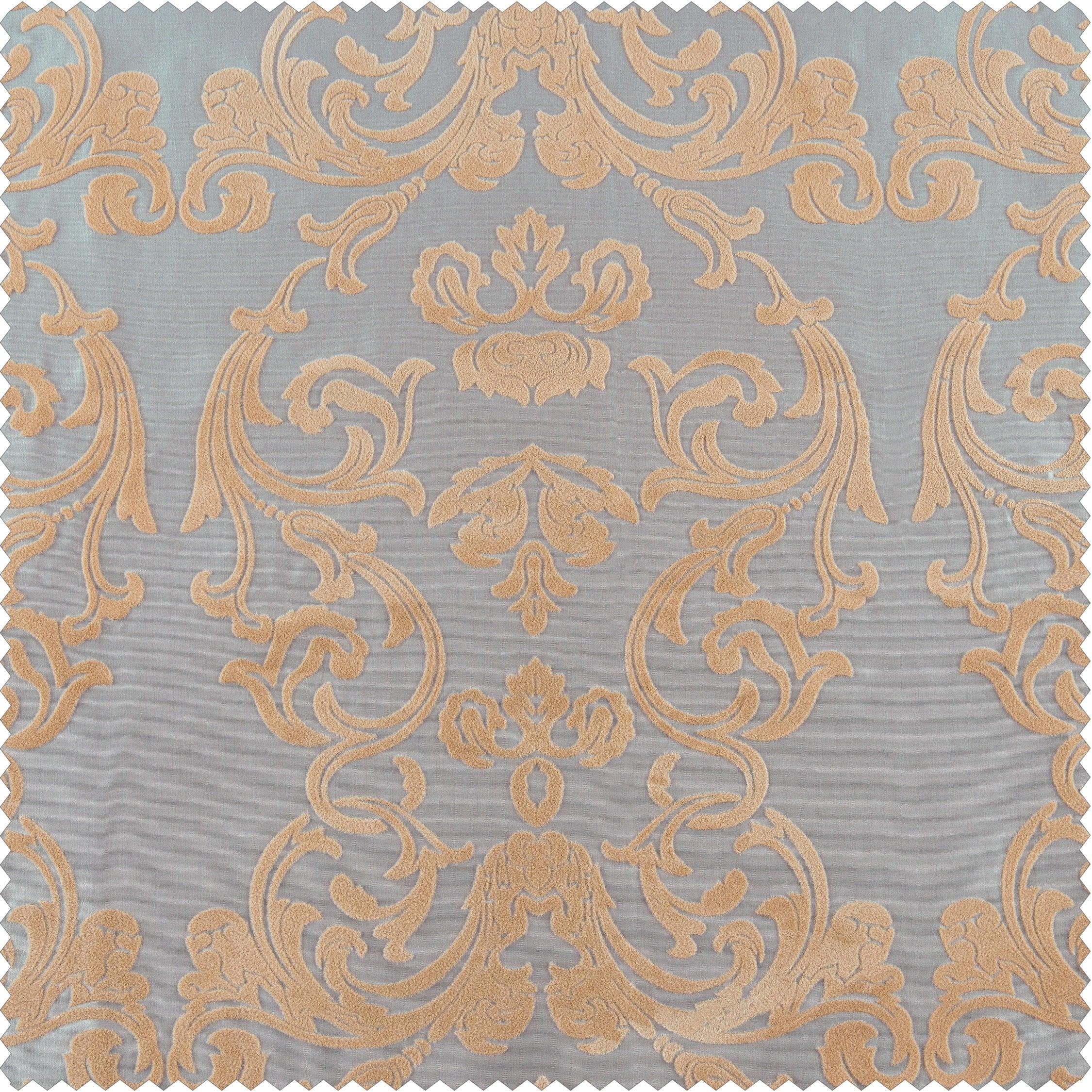 Firenze Platinum & Gold Damask Designer Flocked Room Darkening Curtain