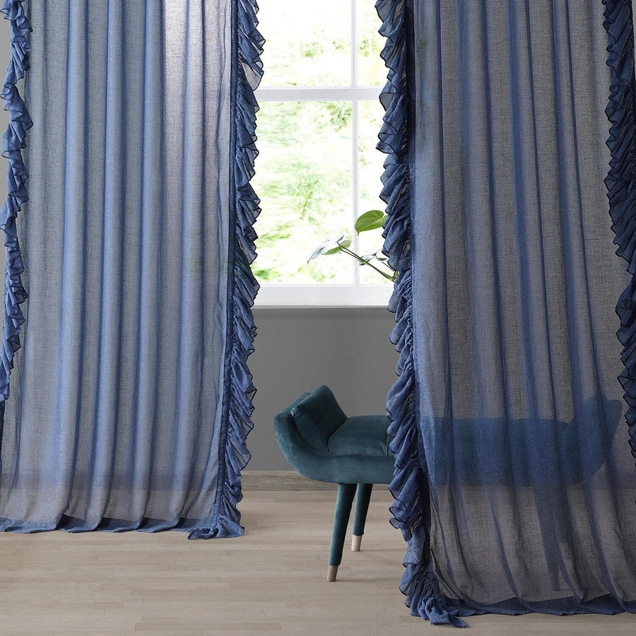 Blue Lapis Ruffled Faux Linen Curtain