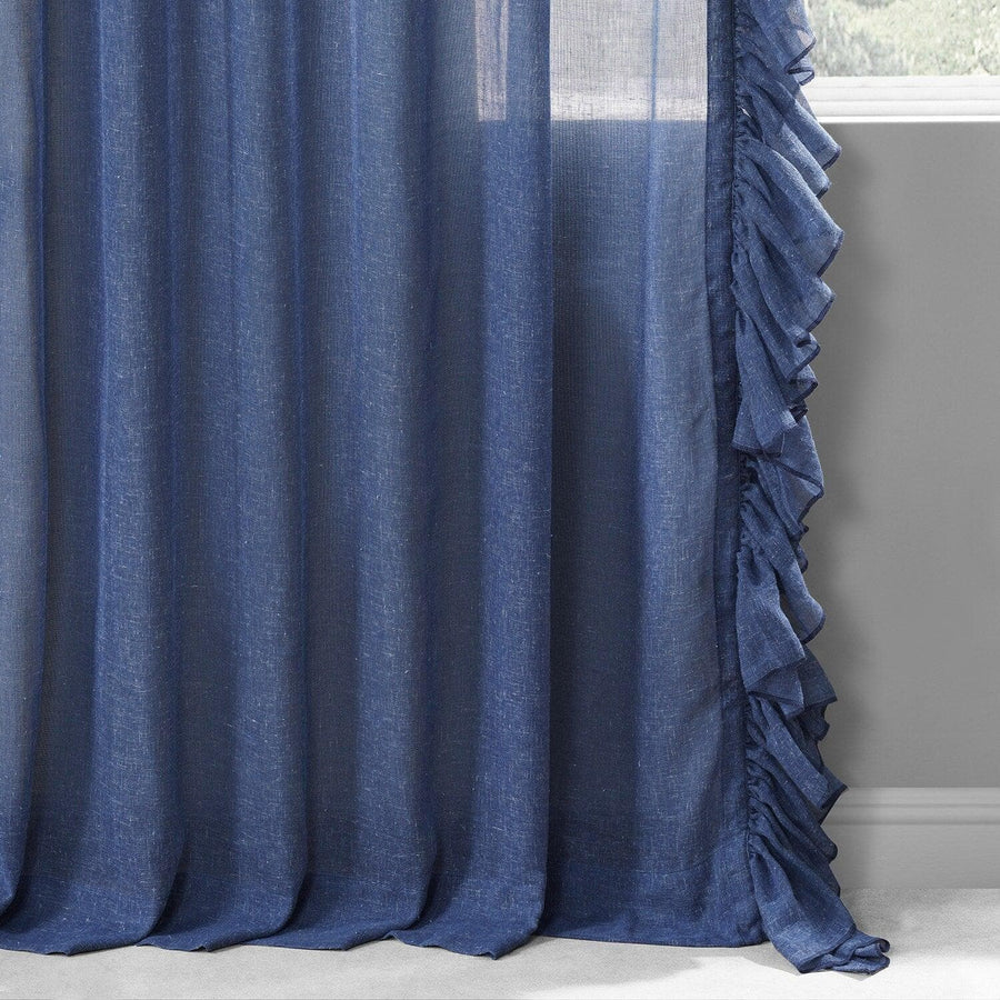 Blue Lapis Ruffled Faux Linen Curtain