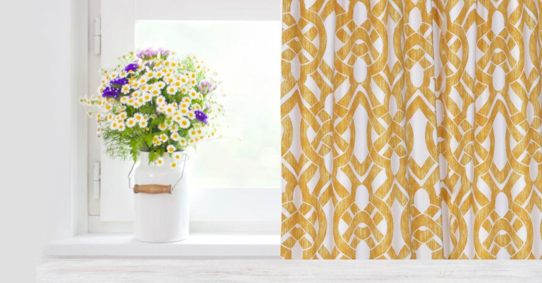 yellow patterned curtains and flower bouquet