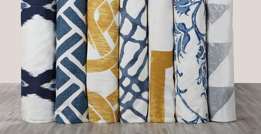 Blue and yellow patterned curtains