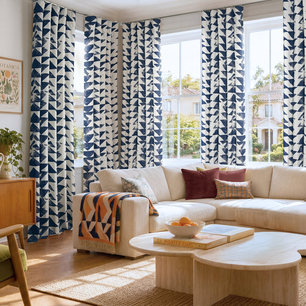 Triad Indigo Geometric Printed Cotton Custom Curtain