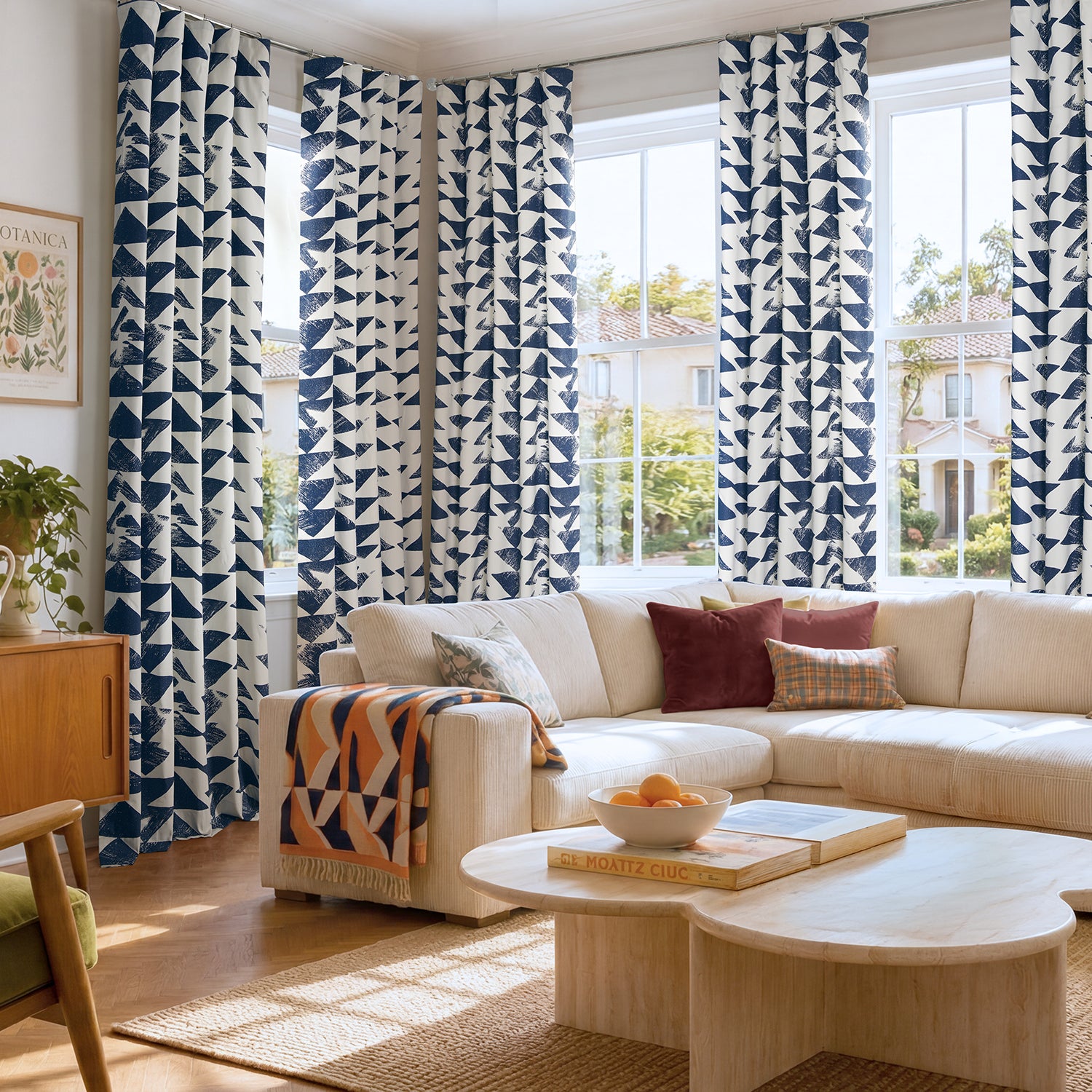 Triad Indigo Geometric Printed Cotton Custom Curtain
