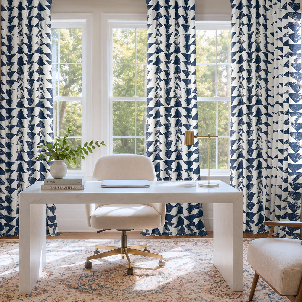 Triad Indigo Geometric Printed Cotton Custom Curtain