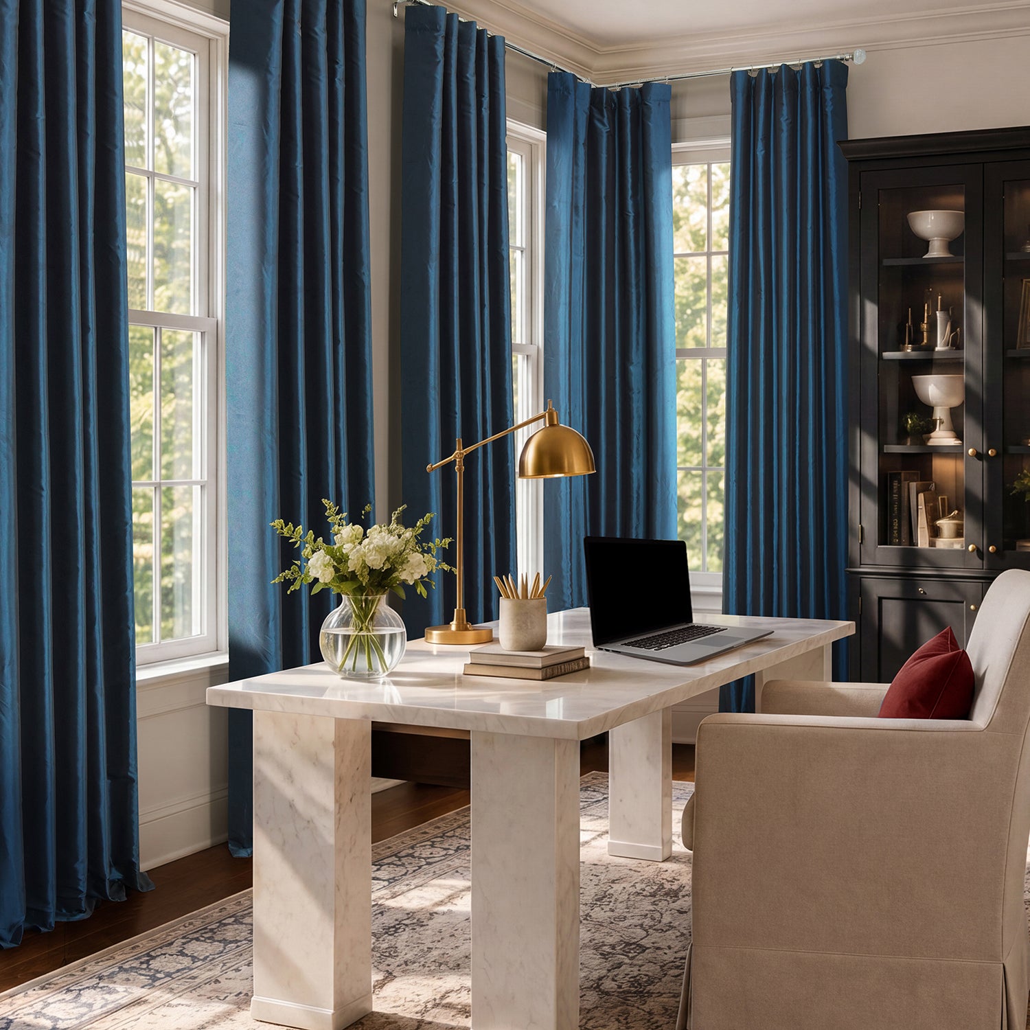 Navy Blue Faux Silk Taffeta Blackout Curtain