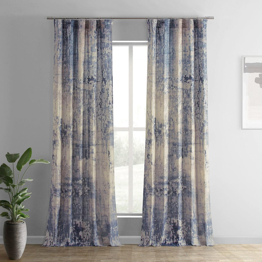 Lake Blue Textured Printed Cotton Room Darkening Curtain - HalfPriceDrapes.com