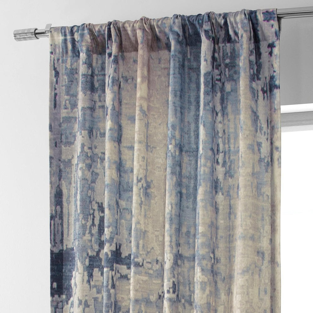 Lake Blue Textured Printed Cotton Room Darkening Curtain - HalfPriceDrapes.com