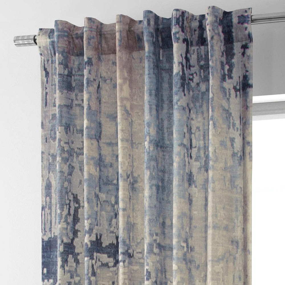 Lake Blue Textured Printed Cotton Room Darkening Curtain - HalfPriceDrapes.com
