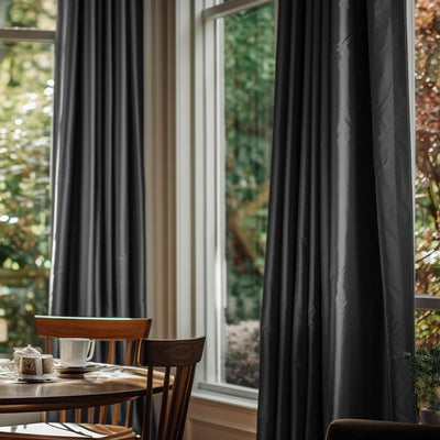 Jet Black Solid Faux Silk Taffeta Custom Curtain