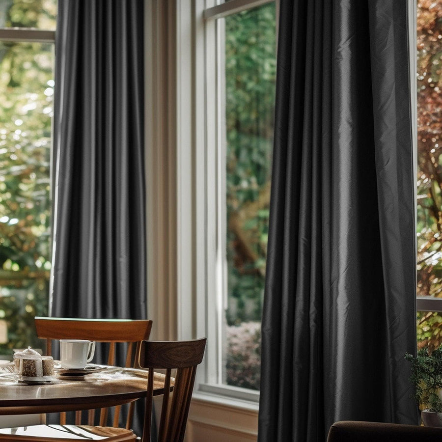 Jet Black Solid Faux Silk Taffeta Custom Curtain - HalfPriceDrapes.com