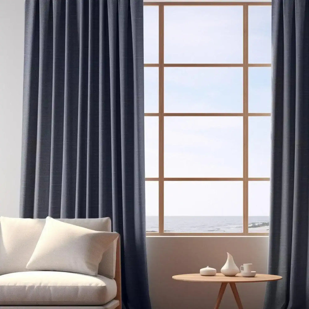 Pacific Blue Textured Italian Faux Linen Custom Curtain - HalfPriceDrapes.com