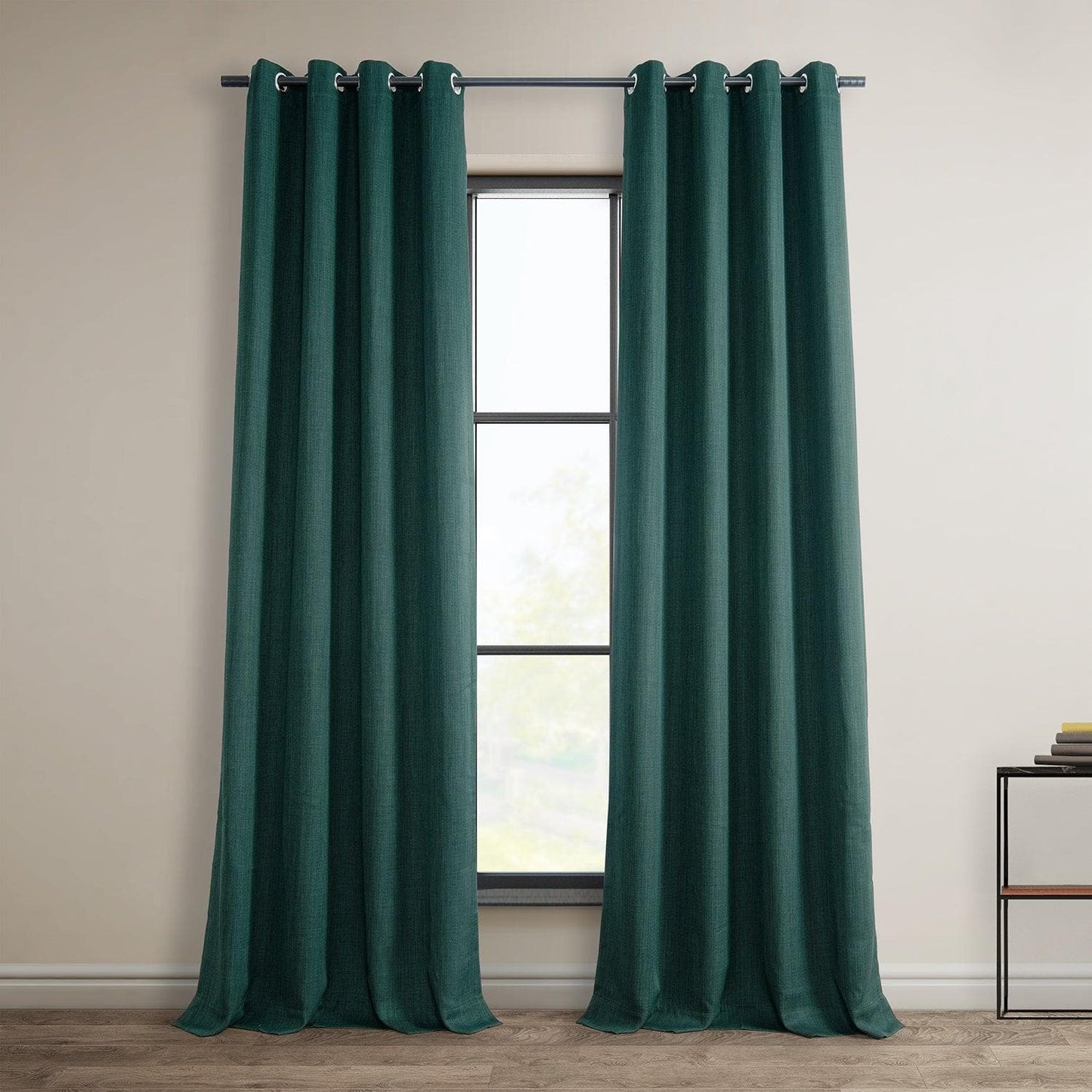 Slate Teal Grommet Textured Faux Linen Room Darkening Curtain - HalfPriceDrapes.com