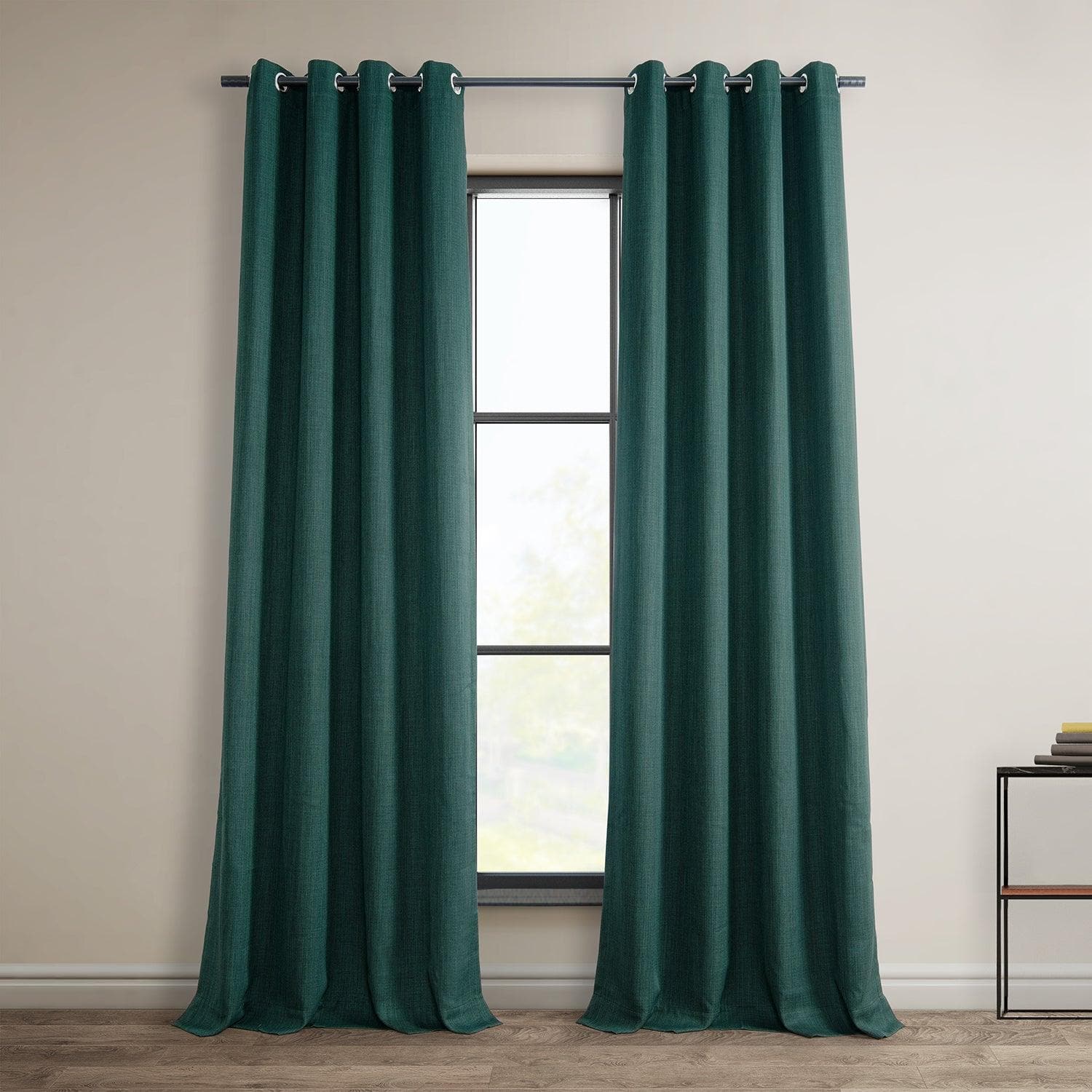 Slate Teal Grommet Textured Faux Linen Room Darkening Curtain - HalfPriceDrapes.com