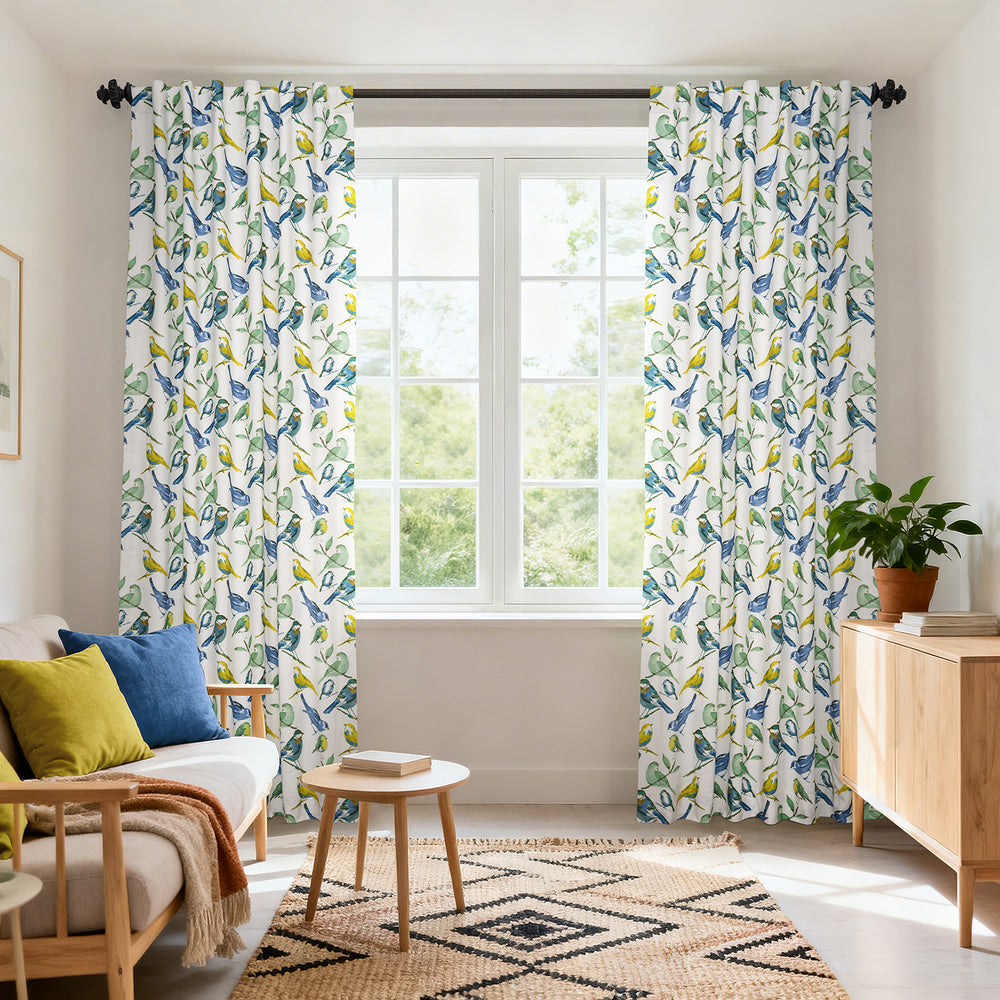 Songbird Blue Floral Dune Cotton Textured Printed Custom Curtain
