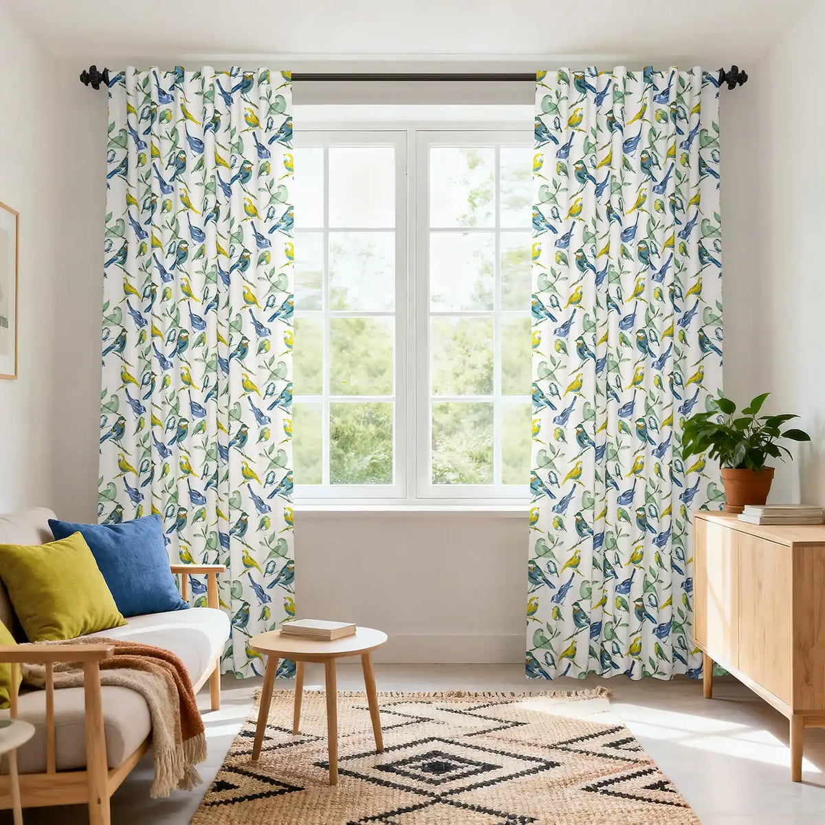 Songbird Blue Floral Dune Cotton Textured Printed Custom Curtain
