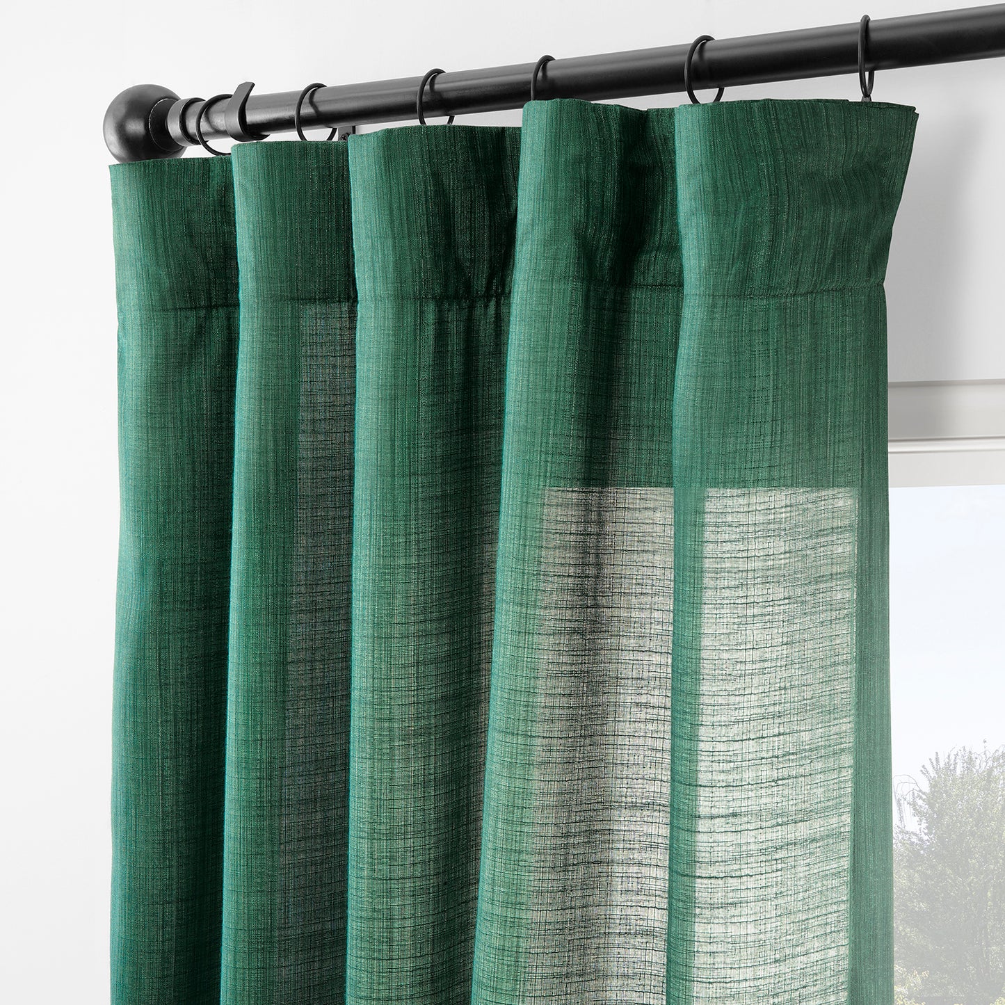 Dark Green Rustic Linen Weave Light Filtering Curtain Pair (2 Panels)