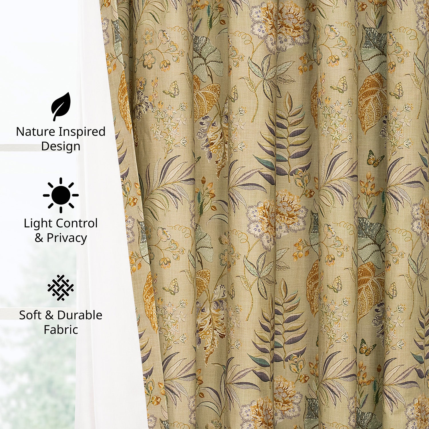 Vintage Botanical Sand Floral Dune Cotton Textured Printed Custom Curtain