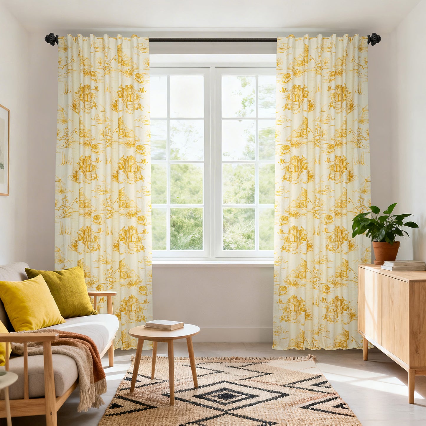Windmill Toile Gold Floral Dune Cotton Textured Printed Custom Curtain