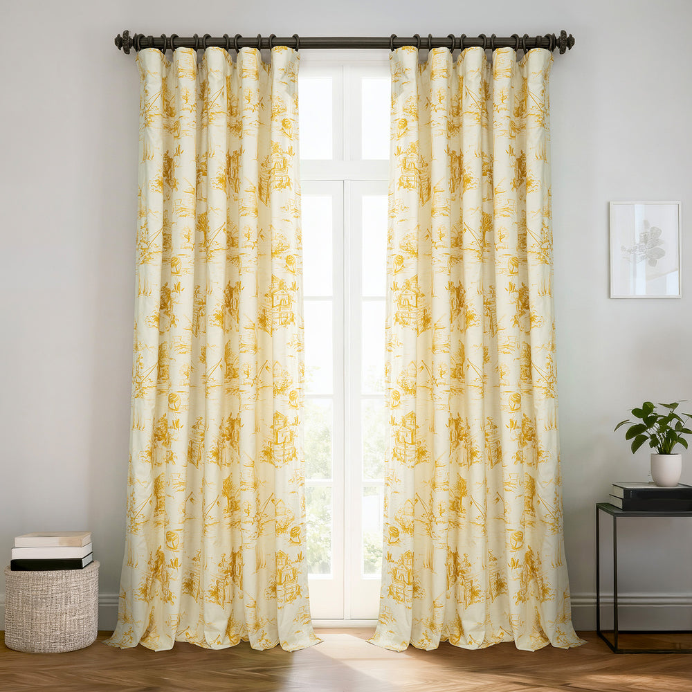 Windmill Toile Gold Floral Dune Cotton Textured Printed Custom Curtain