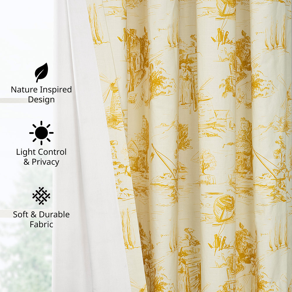Windmill Toile Gold Floral Dune Cotton Textured Printed Custom Curtain