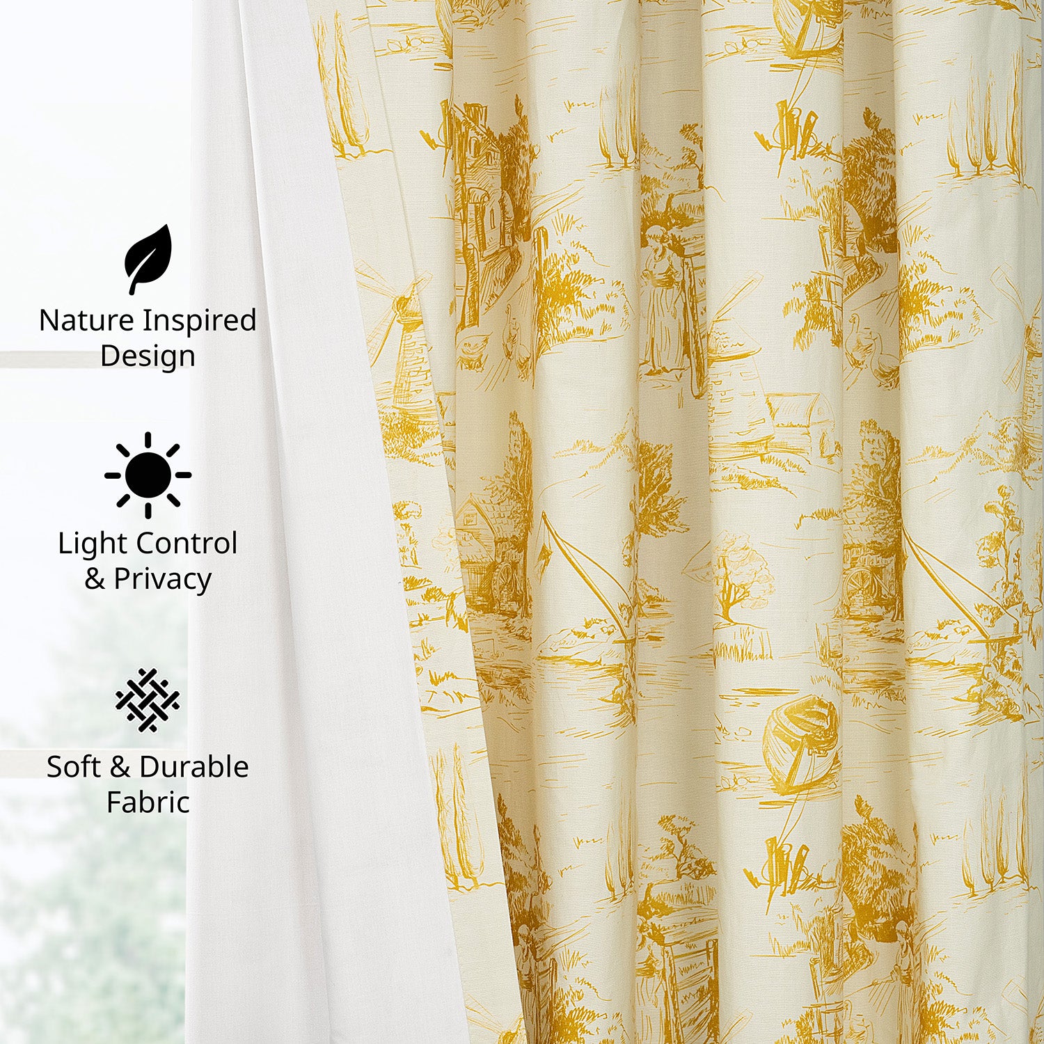 Windmill Toile Gold Floral Dune Cotton Textured Printed Custom Curtain