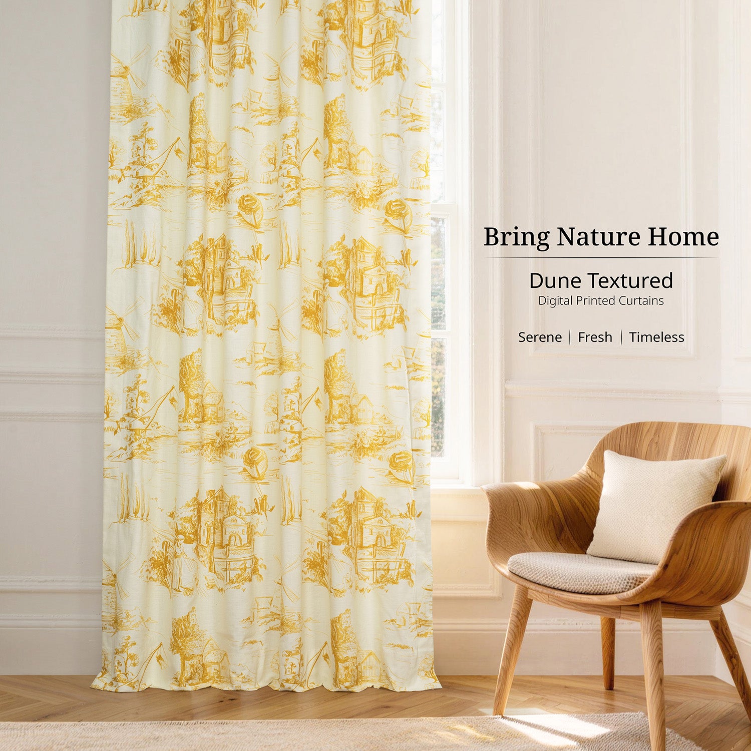 Windmill Toile Gold Floral Dune Cotton Textured Printed Custom Curtain