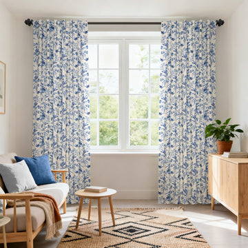 Blue Willow Arbor Floral Dune Cotton Textured Printed Custom Curtain