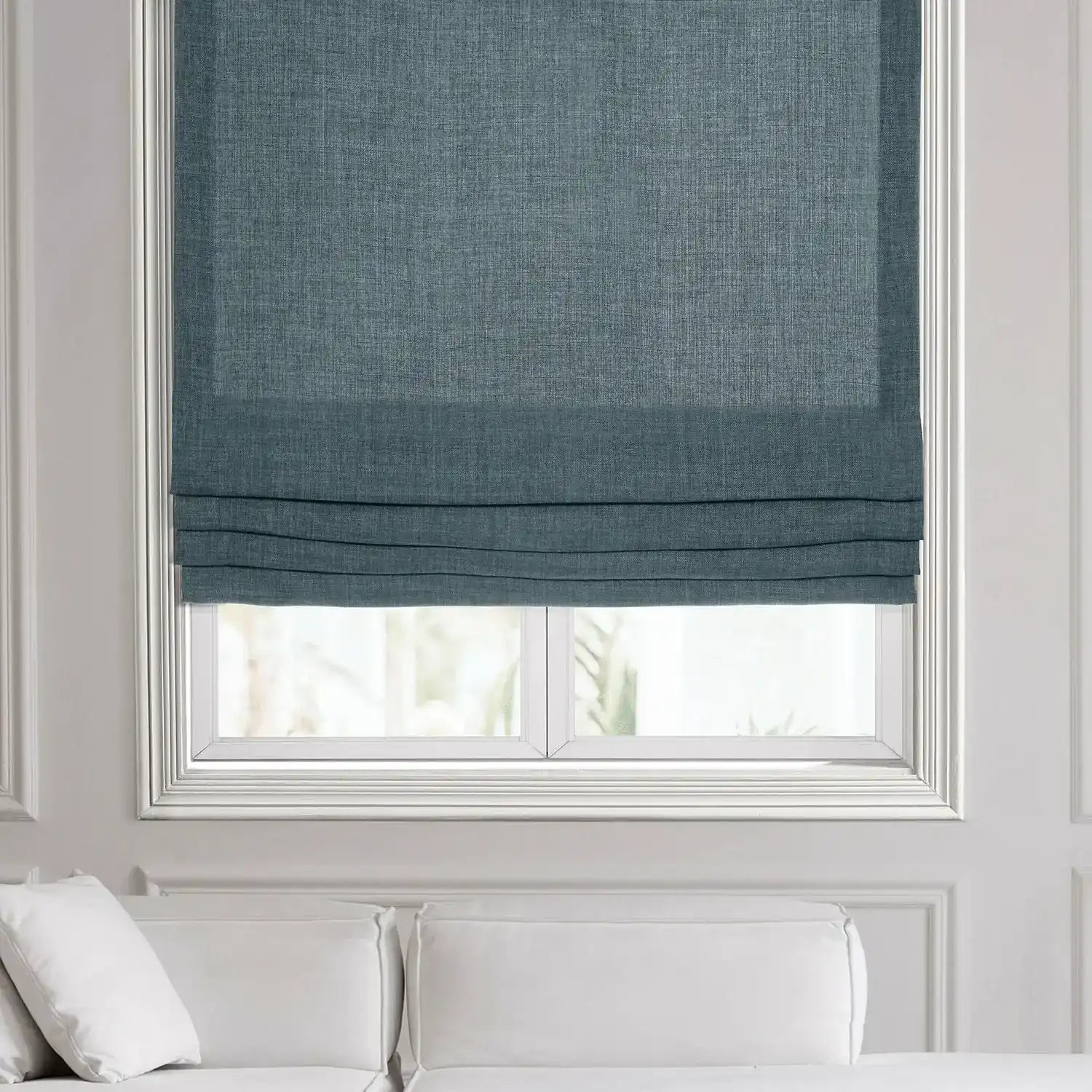 Sweden Blue Italian Faux Linen Roman Shade | Half Price Drapes