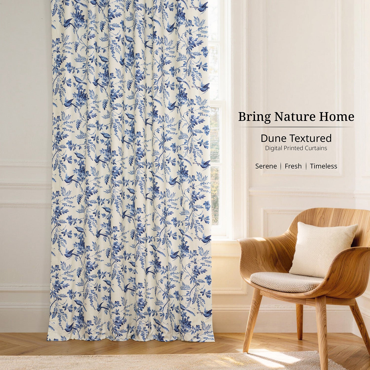 Blue Willow Arbor Floral Dune Cotton Textured Printed Custom Curtain