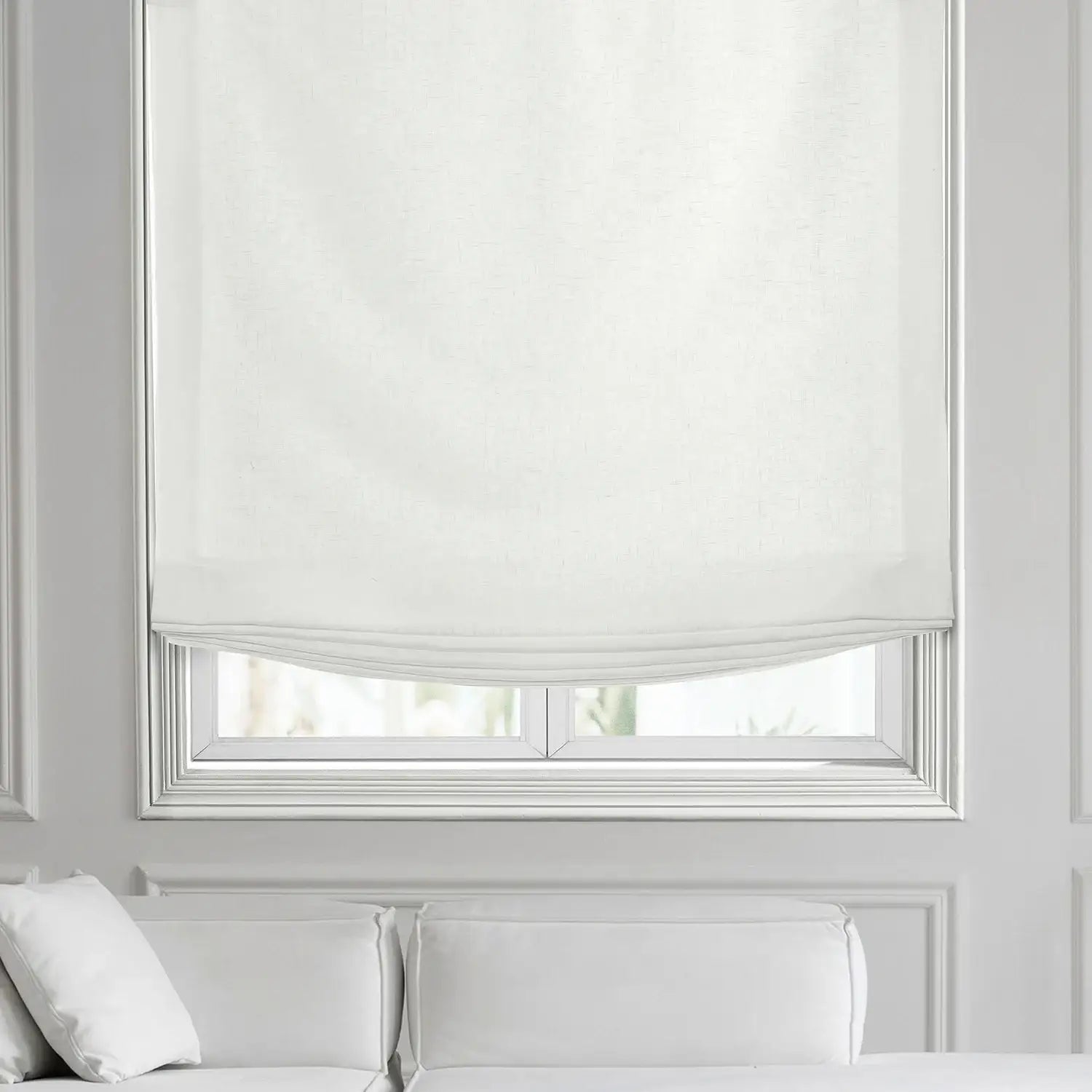 Crisp White French Linen Roman Shade | Half Price Drapes