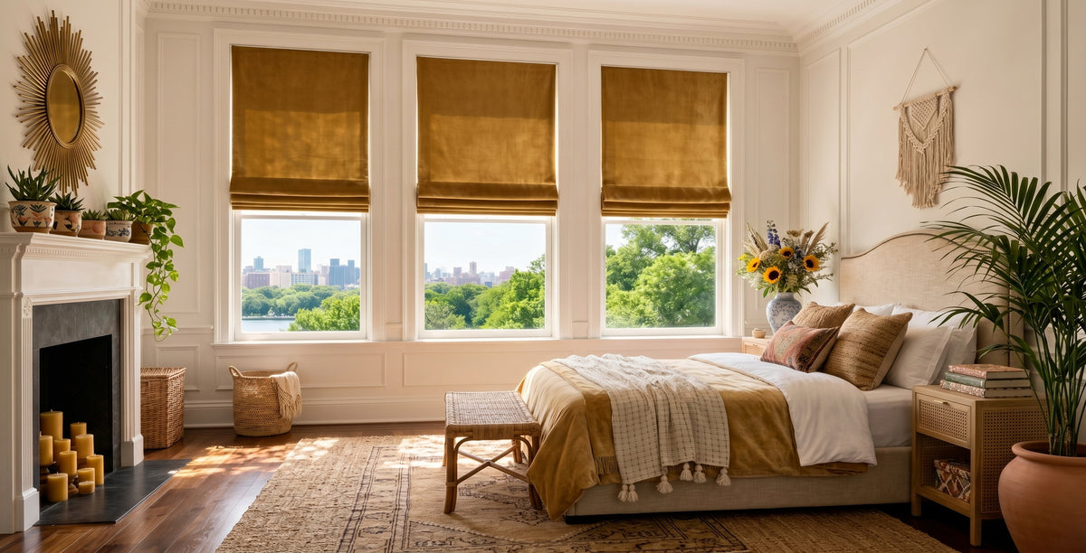 Velvet roman shades installed in elegant bedroom with large windows.