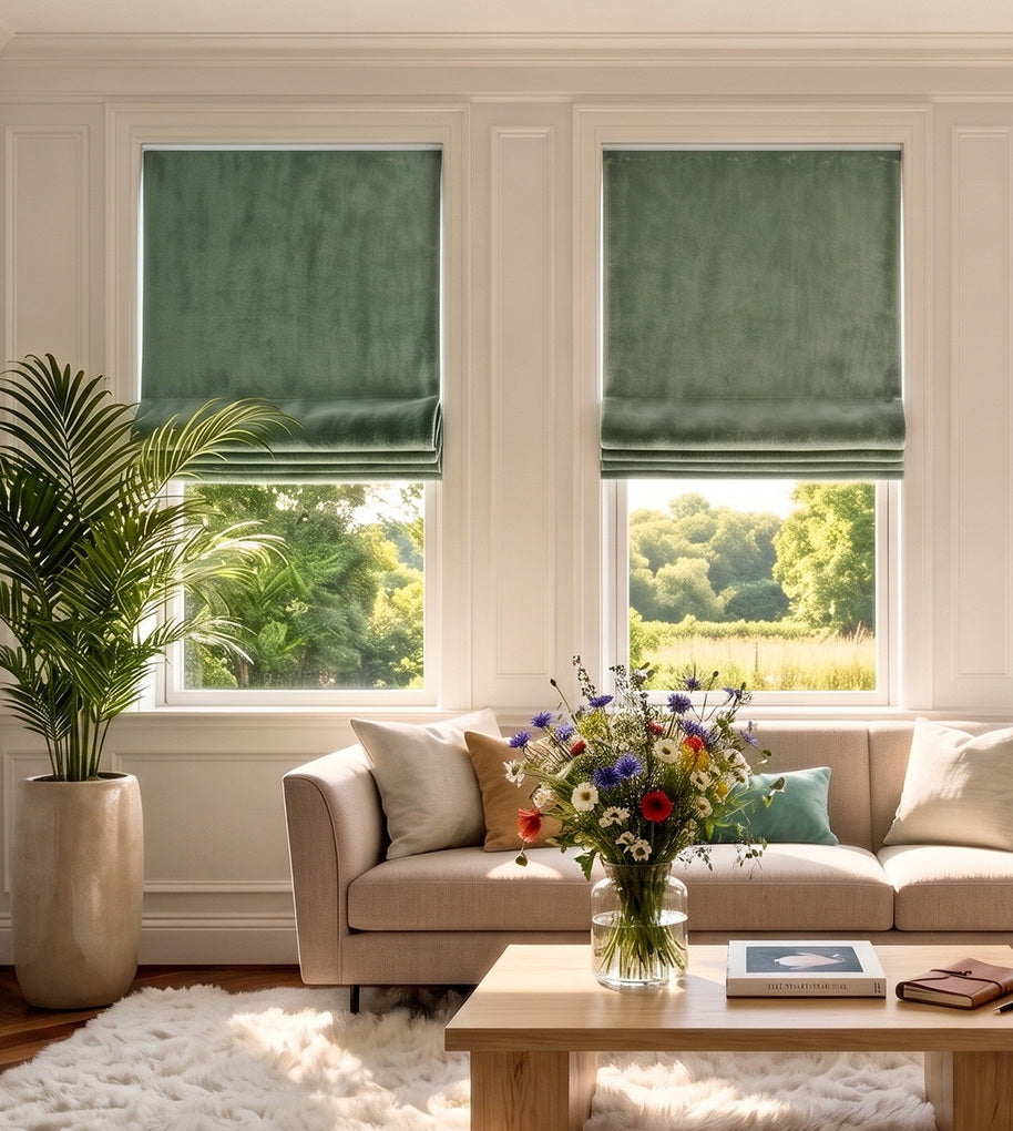 Soft aqua-green Roman shades add a serene wash of color and tailored elegance to this sunlit living room.