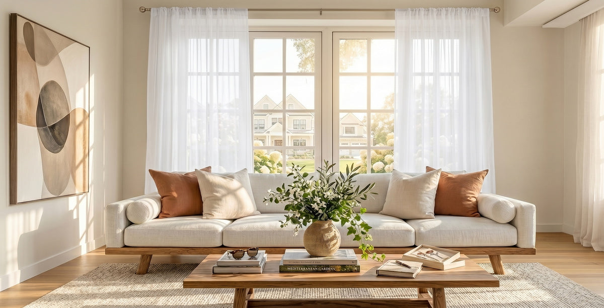Aruba Cream sheer curtains hanging over large living room windows with a white sofa, wood coffee table, and fresh floral arrangement.