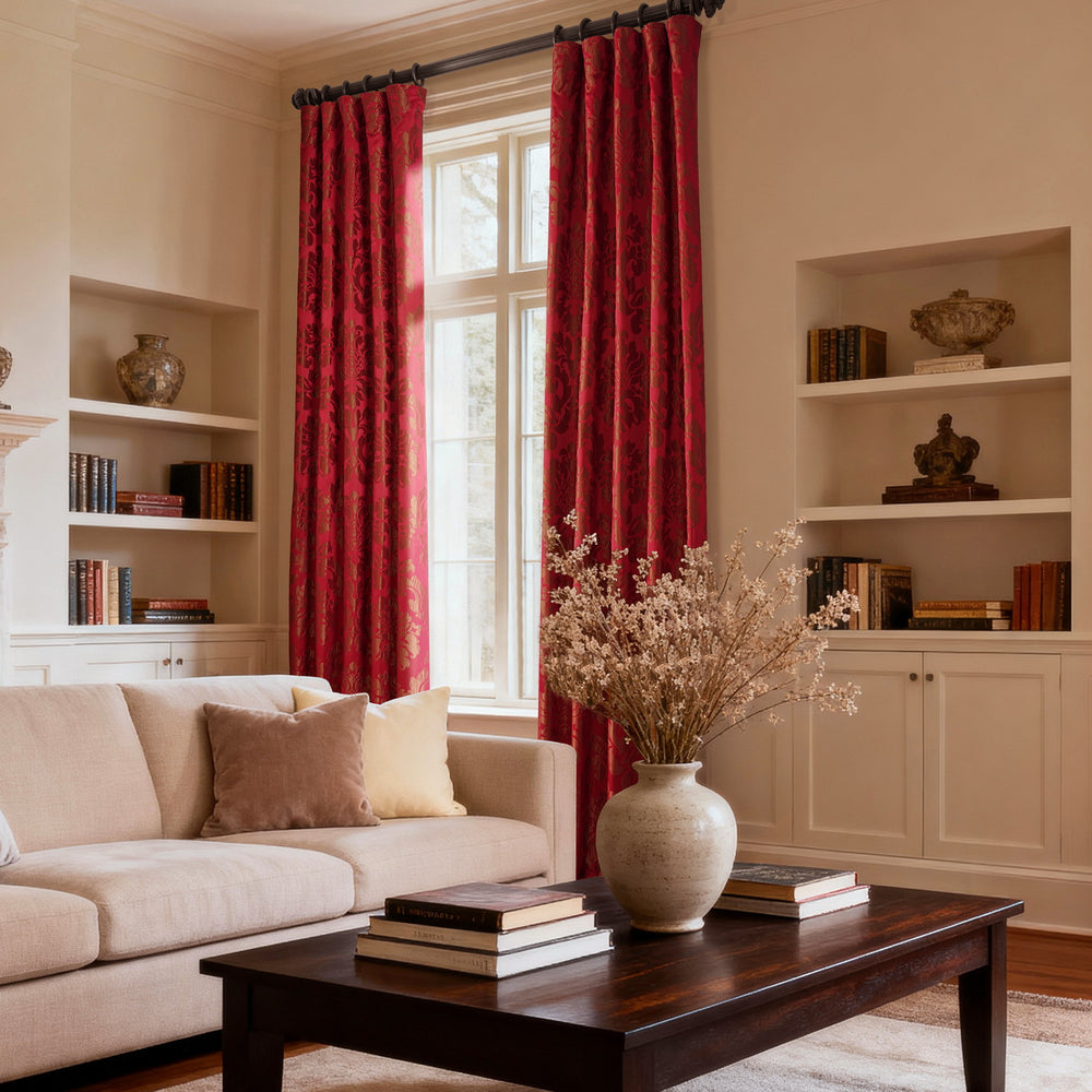 Astoria Red & Bronze Damask Faux Silk Jacquard Custom Curtain