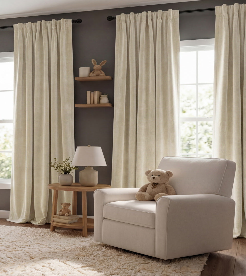 Au Lait Creme curtains framing nursery windows with a cozy armchair, teddy bears, and soft neutral décor.