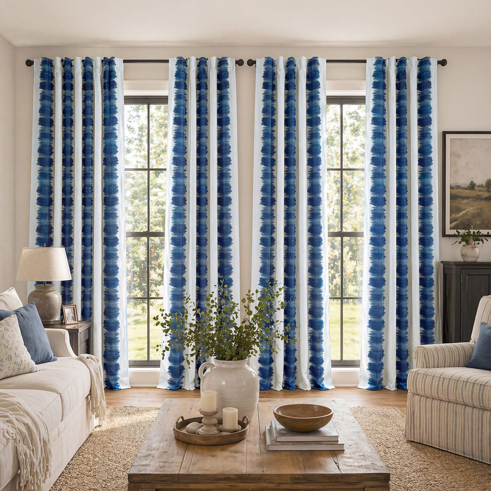 Flambe Blue Striped Room Darkening Curtain