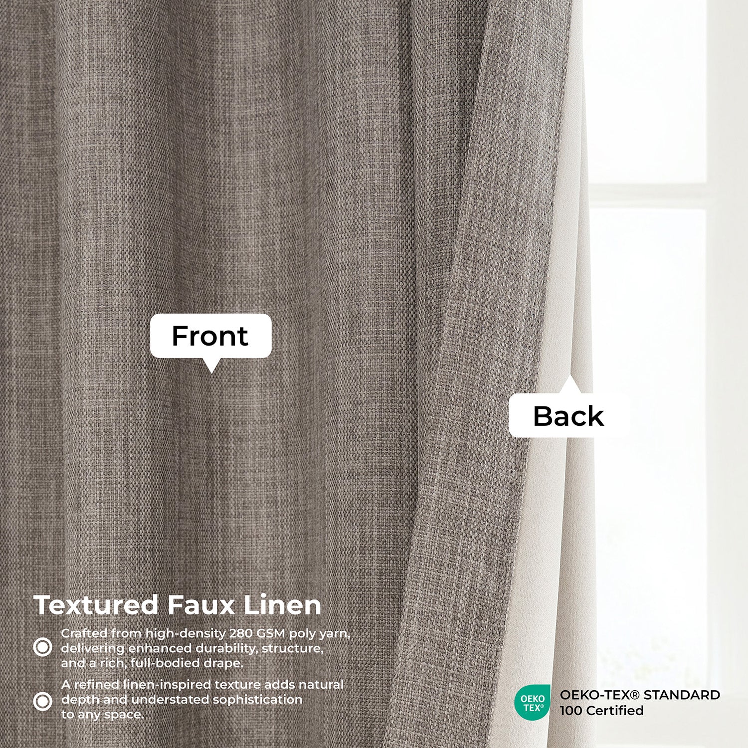 Textured faux linen curtain with labeled front and back, OEKO-TEX certification visible.