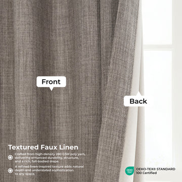 Textured faux linen curtain with labeled front and back, OEKO-TEX certification visible.