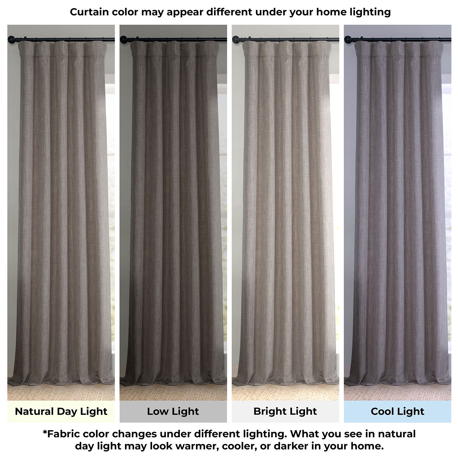 Set of four curtains shown under different lighting conditions to demonstrate color variation.