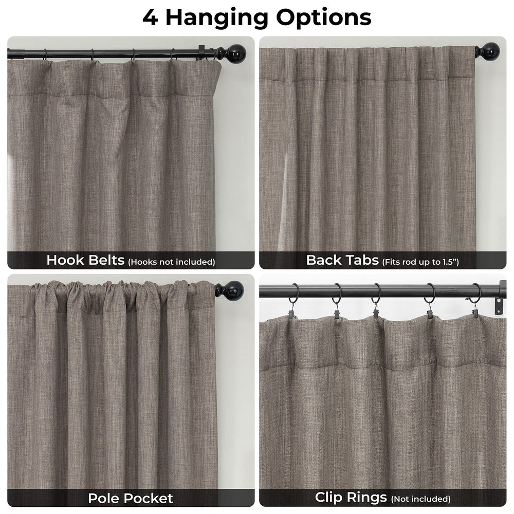 Collage of four hanging options for curtains on a white background.